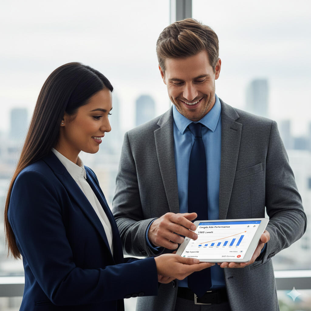 Digital marketing professionals reviewing Google Ads performance on a tablet Marketing consultants analyzing Google Ads results for a business client Google Ads strategist explaining campaign performance to a client
